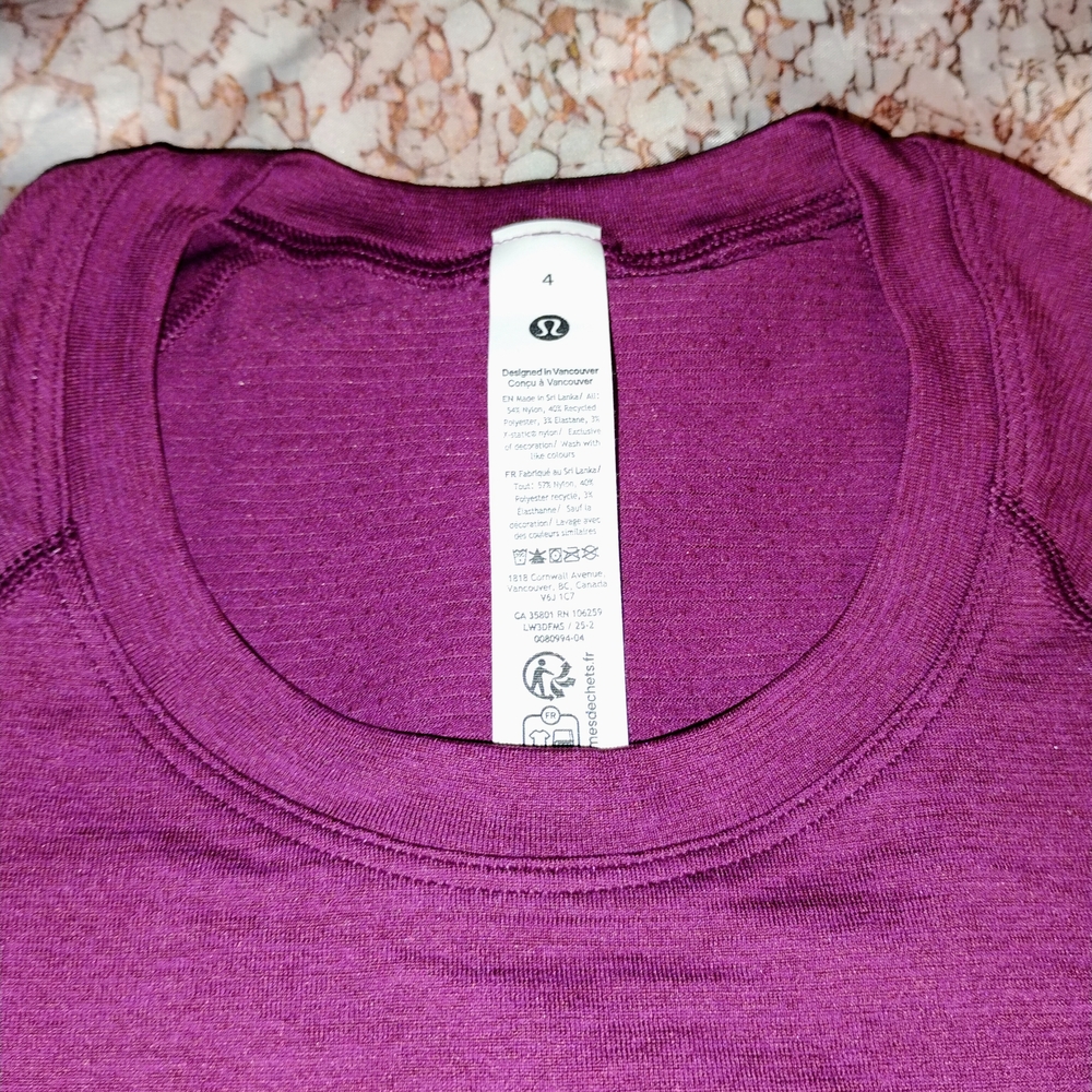 Women's Lululemon Short Sleeve Active Top - Plum Swiftly Tech 2.0 New With Tags - Picture 4 of 4